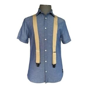 Hold Up Tan Suspenders with Black Clips Adjustable One Size Very Good